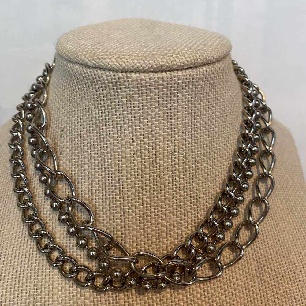 triple strand silver statement choker necklace